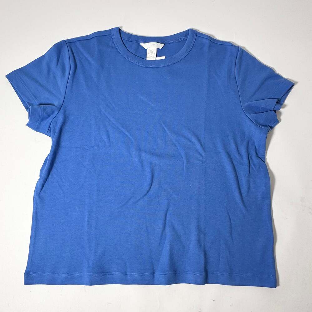 H&M Womens L Royal Blue Cotton Stretch Crew Neck Short Sleeve T Shirt NWT
